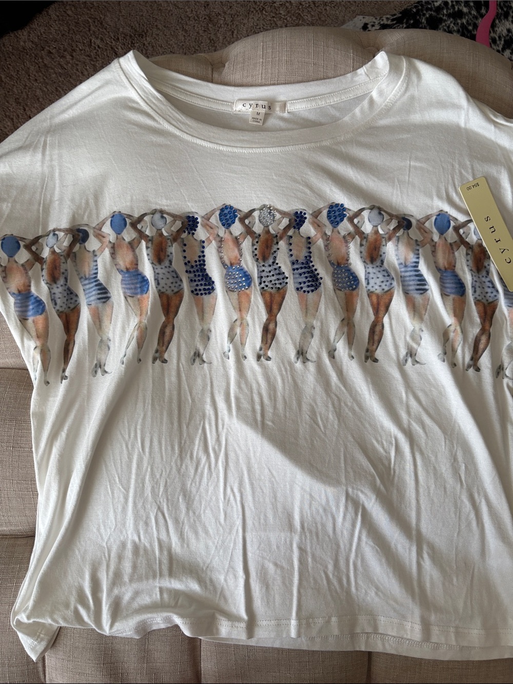 Cyrus White Short Sleeve Tee with Blue Swimsuit Dancers